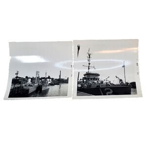 Vtg Lot of 2 Monochrome Docked Ship Photos 1955 Found Snapshot 3.5" x 3.5"